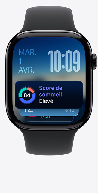 Apple Watch Series 11, aluminum case, polished jet black color, Smart Stack, sleep score alert, right side, Digital Crown, black Sport Band