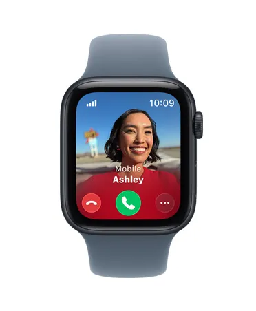 Apple Watch SE 3，採用午夜暗色鋁金屬錶殼，展示來電、聯絡人相片、接聽與拒接來電按鈕，機身右側設有數碼錶冠，配搭錨鐵藍色運動錶帶