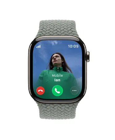 Apple Watch Series 11, natural color, titanium case, incoming call, contact photo, accept and decline call buttons, right side exterior, Digital Crown, band, green gray Braided Solo Loop