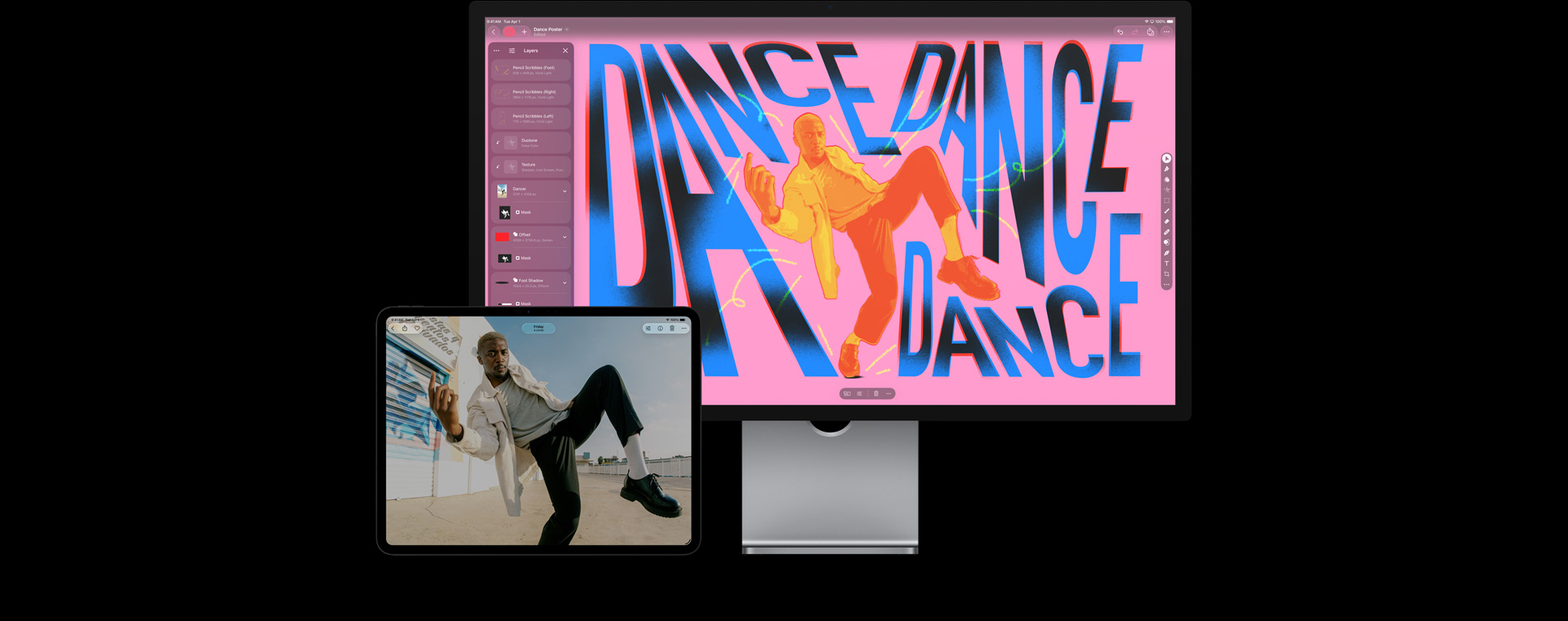 iPad Pro screen showing a man with blue hair, white jacket, gray shirt, black pants and shoes, dancing outside, Mac Studio Display screen showing workspace with colorful stylized typography, edited image of man dancing overlayed in blue, yellow, and red colors