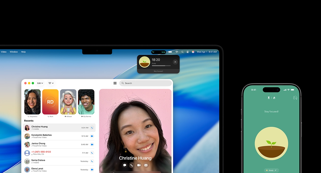 MacBook Pro 和 iPhone 並排，MacBook Pro 螢幕展示電話 app 以及來自 Forest app 的即時動態；iPhone 螢幕展示 Forest app