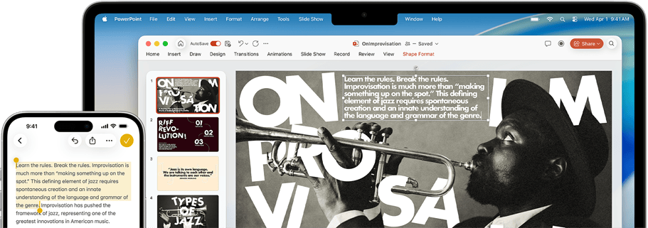 iPhone 16 Plus s označenim tekstom u aplikaciji Bilješke, MacBook Air s otvorenim Keynote slajdom, tekst iz aplikacije Bilješke vidljiv je na slajdu