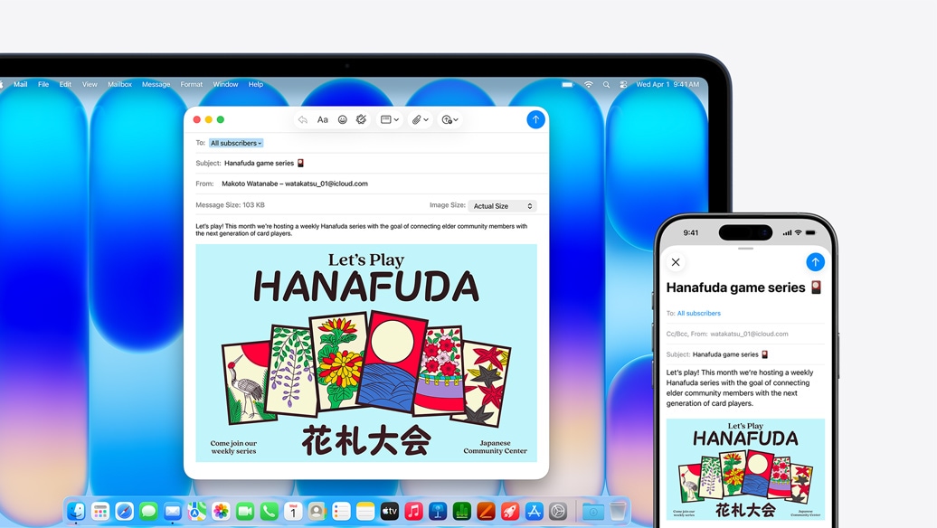 MacBook Neo indigószínben, mellette egy iPhone, mindkét eszközön ugyanaz az e-mail jelenik meg, amely egy közösségi központban tartott rendezvényt hirdet.