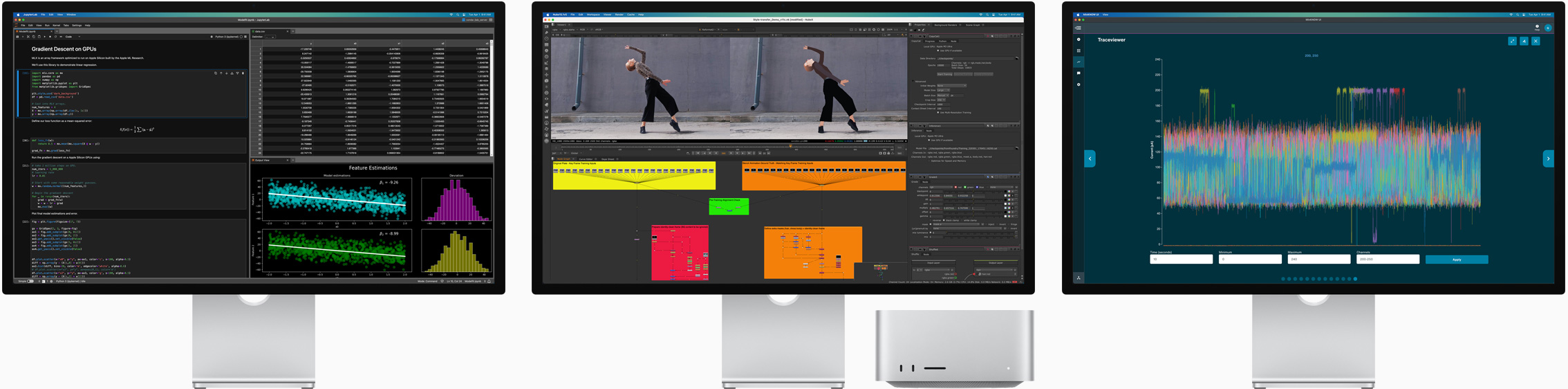 Mac Studio dan tiga Studio Display, semuanya menampilkan aplikasi macOS yang berbeda di layar