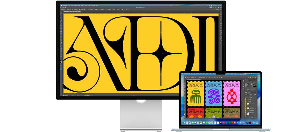 Studio Display dan laptop Mac menampilkan proyek yang sedang dikerjakan di beberapa program Adobe, Studio Display menampilkan tampilan close-up teks hitam dengan latar belakang kuning yang kaya, lapisan anti reflektif membantu mengurangi silau