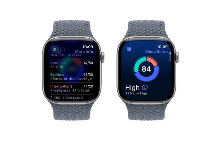 Apple Watch Series 11, space grey colour, aluminium case, sleep score notification, right side exterior, Digital Crown, Braided Solo Loop, anchor blue colour