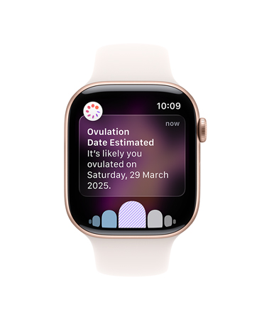 Apple Watch Series 11, aluminum case, rose gold color, ovulation date estimated notification, right side exterior: Digital Crown, light blush Sport Band