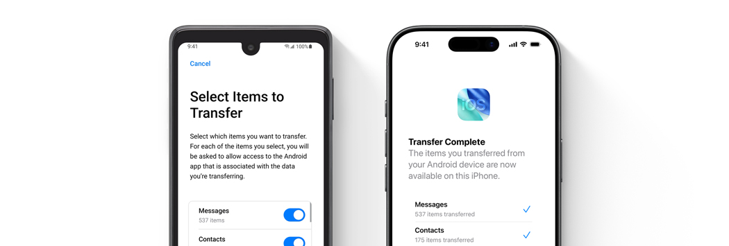 Side-by-side, Android screen showing Move to iOS App, iPhone screen showing Move to iOS App