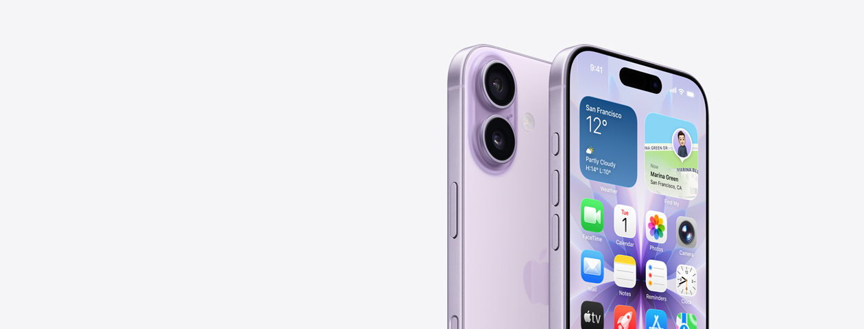 iPhone 17 in lavender finish, front exterior with partial home screen displayed, side angle shows - Action and volume buttons. Back exterior shows Dual Fusion Camera System in top left corner, camera control button