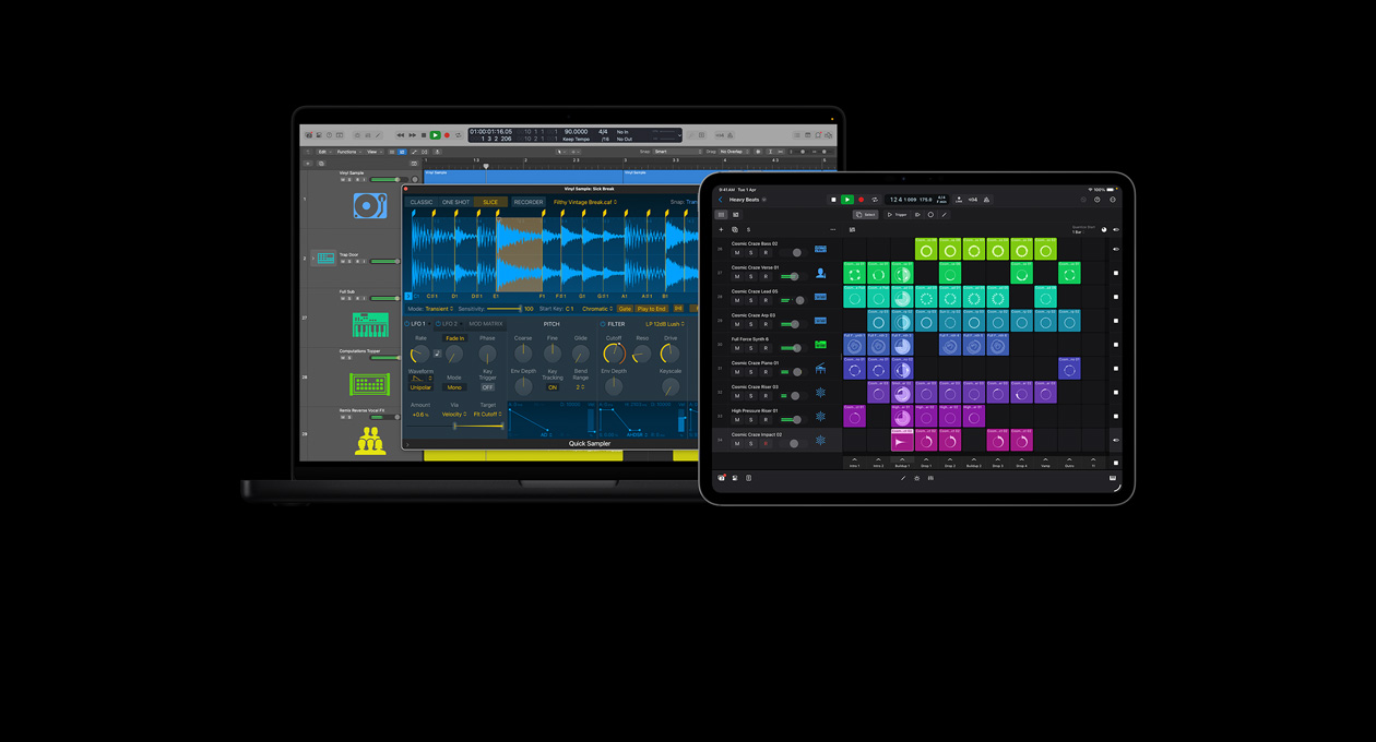 MacBook Pro 16 screen showing quick sampler module, vinyl sample, audio wave forms and controls; iPad Pro 13 screen showing beat-making tools, colourful grid of live loops and phrases