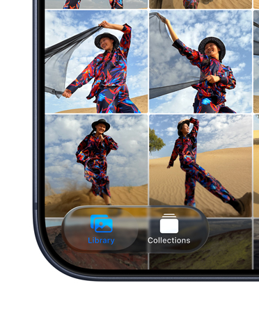 iPhone, bottom left of screen showing Photos app tile displaying Library and Collections tabs within the new Liquid Glass design