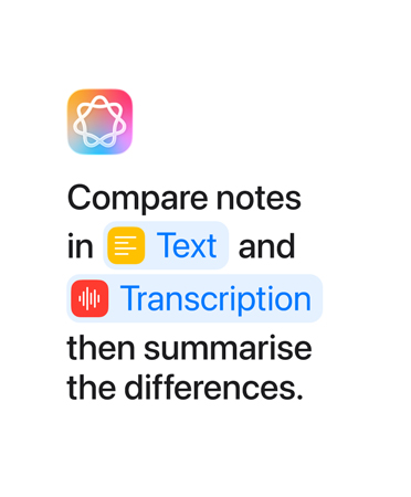 Compare notes in Text and Transcription, then summarise the differences, with the words “Text” and “Transcription” highlighted in blue as they appear as they would in the Shortcuts app