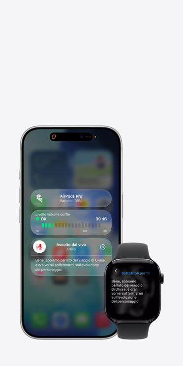 Display di un iPhone 17 Pro che mostra una sessione attiva di Ascolto dal vivo con la trascrizione dell’audio registrato, e display di un Apple Watch Series 11 con la trascrizione in tempo reale della stessa registrazione