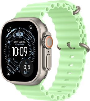 Apple Watch Ultra 3, cassa in titanio naturale, quadrante Orienteering, complicazioni: indice UV, Attività, Satellite, Bussola, lato destro, Digital Crown, microfono, tasto laterale, cinturino Ocean verde neon