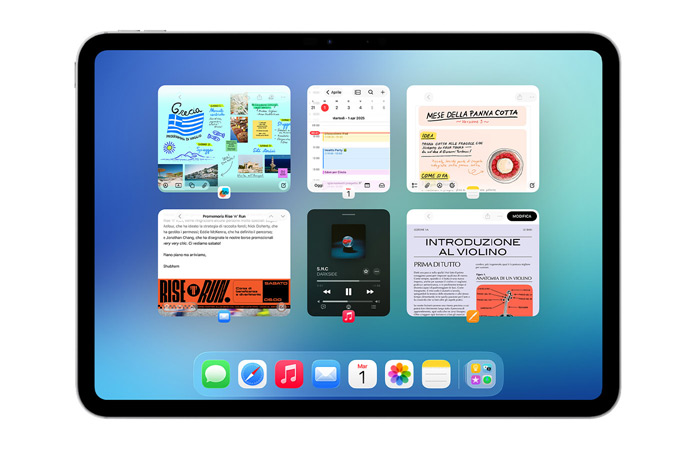 Un iPad in orizzontale con sei finestre aperte su due righe, tra cui l’app Calendario, l’app Note, Apple Music e Safari