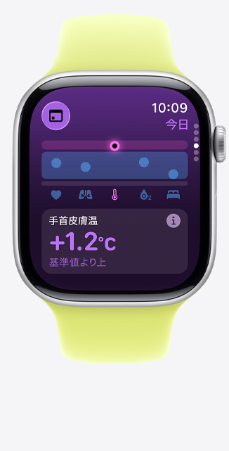 シルバーアルミニウムケースのApple Watch Series 11。バイタルアプリ、健康状態を示すグラフ、手首の皮膚温が基準値よりも高いことを示す通知。右側面の外観、ネオンイエローのスポーツバンド
