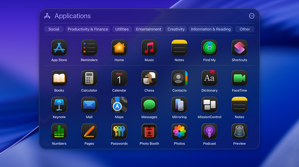 Varios íconos de apps en macOS Tahoe dispuestos en forma de cuadrícula.