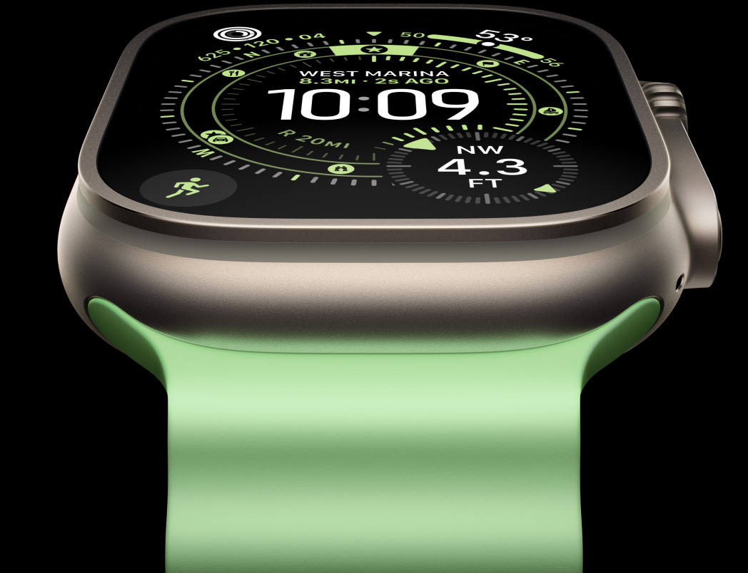 Apple Watch Ultra 3,  titanium case, natural color, compass on Orienteering watch face, Ocean Band, neon green color