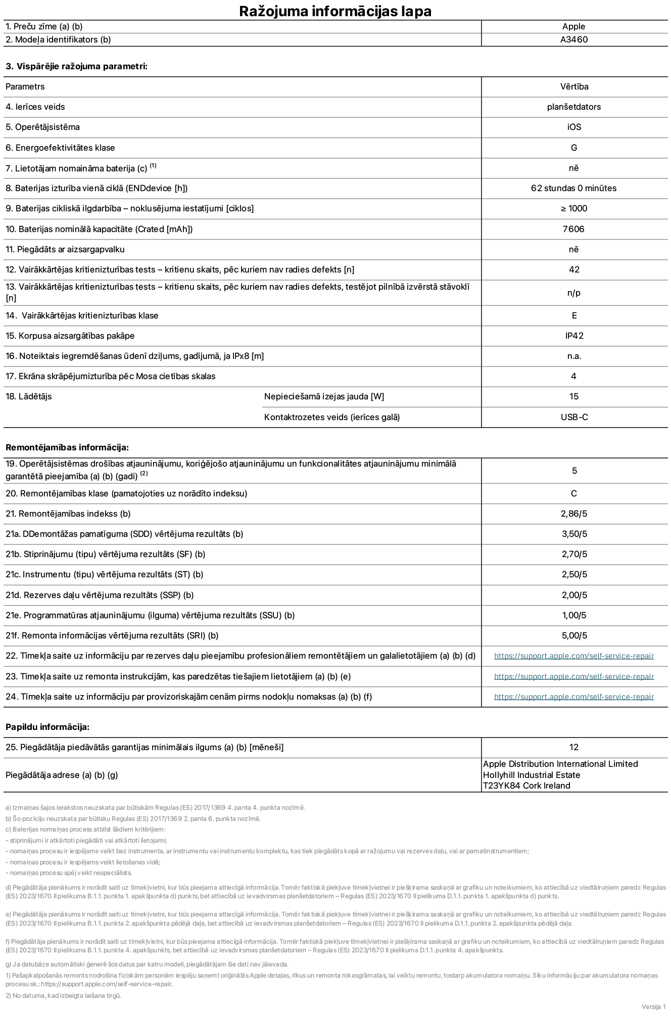 Produkta informācijas lapa – 11 collu iPad Air Wi-Fi + Cellular, modelis A3460. Piegādātājs: Apple Distribution International Limited, Hollyhill Industrial Estate. Korka, Īrija, T23 YK84. Ierīces veids: planšetdators. Operētājsistēma: iOS. Energoefektivitātes klase: G. Lietotāja paša spēkiem nomaināms akumulators: nē. Akumulatora izturība vienā ciklā: 62 stundas. Akumulatora cikliskā izturība – noklusējuma iestatījumi: lielāka par vai vienāda ar 1000. Akumulatora nominālā kapacitāte: 7606 miliampērstundas. Piegādāts ar aizsargapvalku: nē. Vairākkārtējas kritienizturības tests – kritienu skaits, pēc kuriem nav radies defekts: lielāks par vai vienāds ar 42. Vairākkārtējas kritienizturības tests – kritienu skaits, pēc kuriem nav radies defekts, testējot pilnībā izvērstā stāvoklī: nav piemērojams. Vairākkārtējas kritienizturības klase: E. Korpusa aizsargātības pakāpe: IP42. Noteiktais iegremdēšanas ūdenī dziļums, gadījumā, ja IPx8: nav piemērojams. Ekrāna skrāpējumizturība pēc Mosa cietības skalas: 4. Lādētājam nepieciešamā izejas jauda: 15 vati. Lādētāja kontaktrozetes veids (ierīces galā): USB-C. Operētājsistēmas drošības atjauninājumu, koriģējošo atjauninājumu un funkcionalitātes atjauninājumu minimālā garantētā pieejamība: 5 gadi. Remontējamības klase: C. Remontējamības indekss: 2,86/5. Demontāžas pamatīguma (SDD) vērtējuma rezultāts: 3,50/5. Stiprinājumu vērtējuma rezultāts: 2,70/5. Instrumentu vērtējuma rezultāts: 2,50/5. Rezerves daļu vērtējuma rezultāts: 2,00/5. Programmatūras atjauninājumu vērtējuma rezultāts: 1,00/5. Remonta informācijas vērtējuma rezultāts: 5,00/5. Tīmekļa saite uz informāciju par rezerves daļu pieejamību profesionāliem remontētājiem un galalietotājiem: https://support.apple.com/self-service-repair. Tīmekļa saite uz remonta instrukcijām, kas paredzētas galalietotājiem: https://support.apple.com/self-service-repair. Tīmekļa saite uz informāciju par provizoriskajām cenām pirms nodokļu nomaksas: https://support.apple.com/self-service-repair. Piedāvātās garantijas standarta ilgums: 12 mēneši.