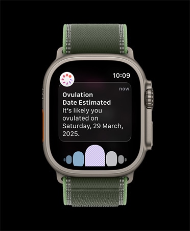 Apple Watch Ultra 3, natural titanium case, ovulation date estimation notification from Cycle Tracking in Health app, Trail Loop, green/neon color
