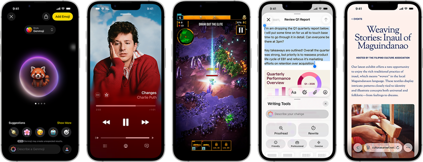 أجهزة iPhone 17e جنباً إلى جنب تعرض شاشات مختلفة: متصفح الويب سفاري، وأدوات الكتابة، ولعبة قيد التشغيل، وتطبيق Apple Music، ورمز جنموجي يتم إنشاؤه.