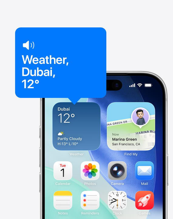 iPhone home screen, icon of weather widget being read aloud with VoiceOver