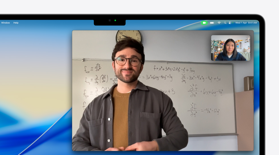 Video call on MacBook Air of a person talking to another person on the call, Center Stage keeps them centered in the frame, even as they move around