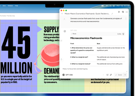شاشة MacBook&nbsp;Air تعرض أدوات الكتابة في Apple&nbsp;Intelligence وهي تنشئ بطاقات تعليمية عن الاقتصاد الجزئي والاقتصاد الكلي