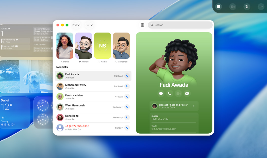 MacBook Pro, Phone app open, a contact displayed from a recent call