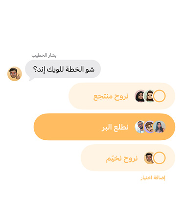 ميزة الاستقصاء في تطبيق الرسائل وأشخاص في المحادثة الجماعية يصوتون لاختيار وجهة رحلة نهاية الأسبوع