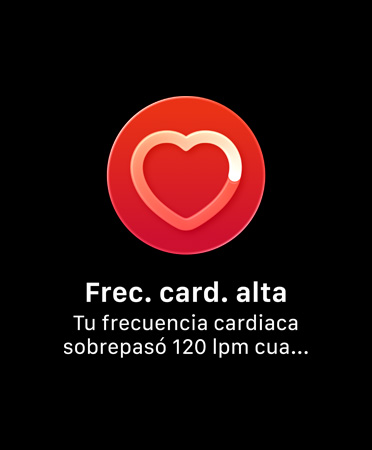 Notificación de frecuencia cardiaca, círculo rojo, ícono de corazón en el centro