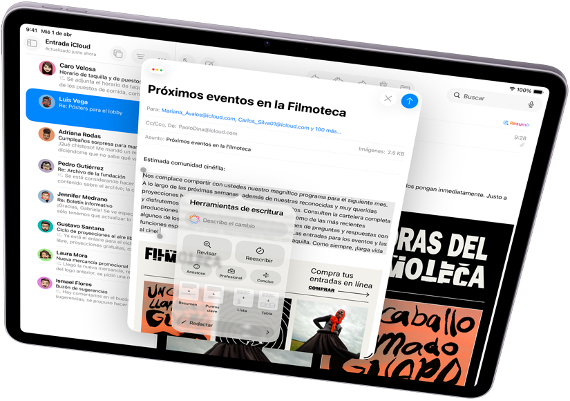iPad Air en horizontal que muestra Apple Intelligence con Herramientas de Escritura y Mail