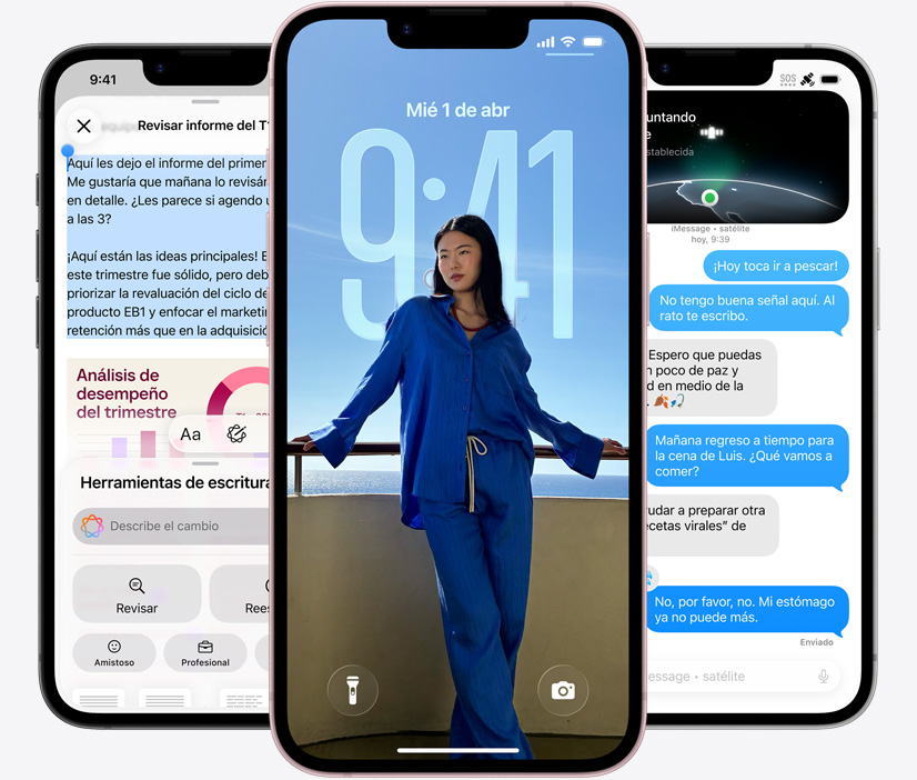 Tres dispositivos iPhone 17e, parte frontal, captura de pantalla que muestra Herramientas de Escritura en uso, una pantalla bloqueada con la foto de una persona y la app Mensajes que manda mensajes vía satélite