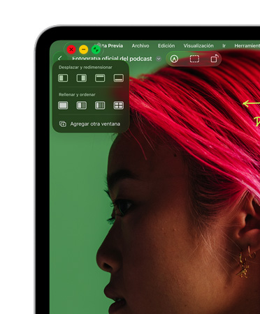 Controles de ventana, con un botón rojo para cerrar, un botón amarillo para minimizar y un botón verde para acercar, así como otras opciones para mover y organizar las ventanas o cambiar su tamaño