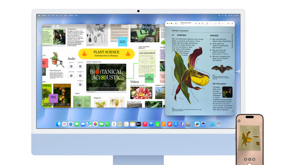 An iMac and iPhone display vibrant content, and the iMac has macOS Tahoe wallpaper.