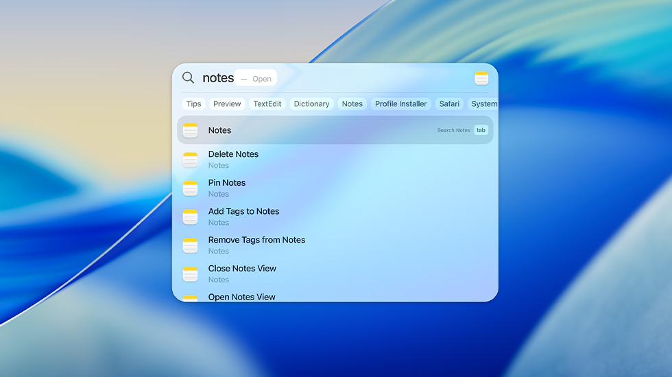 Spotlight search for notes on macOS Tahoe.