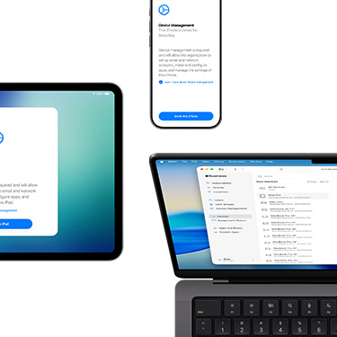 iPad, iPhone and MacBook all featuring various components of Apple Business Manager.