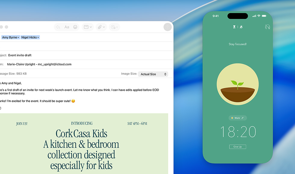 MacBook screen, Mail app open, iPhone screen mirrored on MacBook screen shows Uber Eats arriving