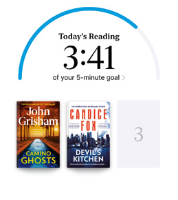 iPhone screen showing the Reading Goals interface in the Books app. At the top, there is a progress ring for a reading goal. Below the progress ring are three book covers. Beneath the book covers is text that one more book is needed to reach the 2024 goal of reading eight books.