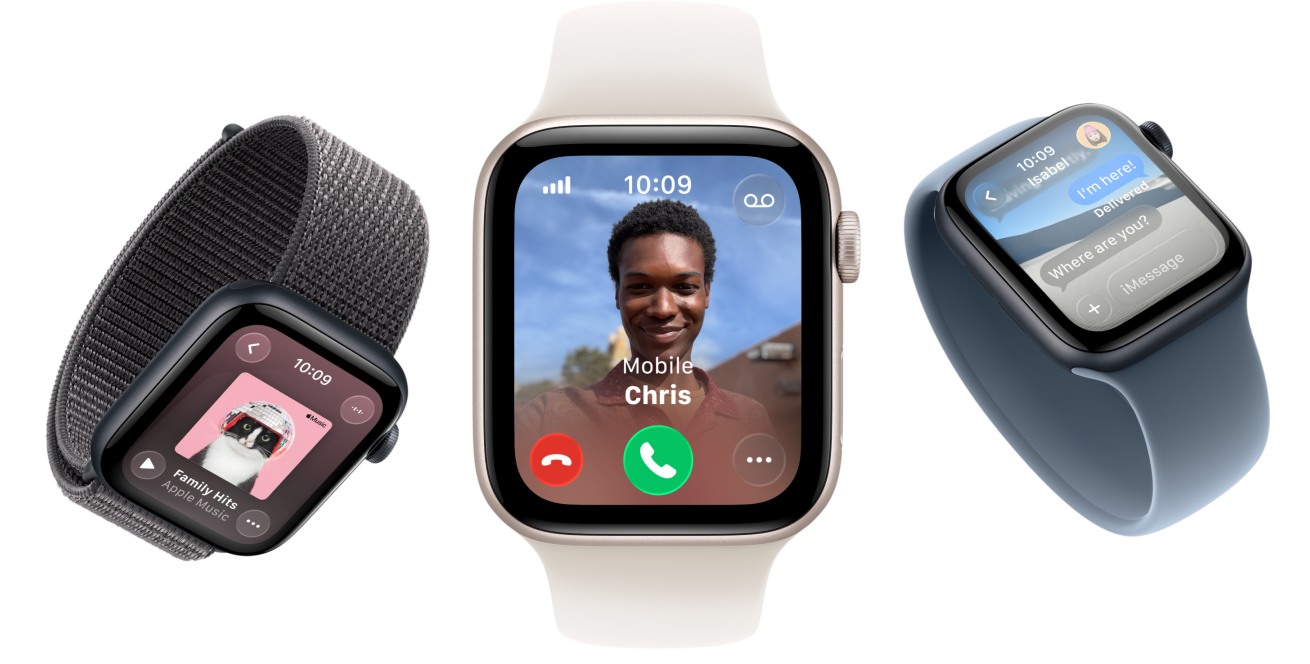 Apple Watch SE 3 devices, aluminum cases, starlight and midnight colours, Sport Loop, dark gray colour, Solo Loop, light blush colour, Solo Loop, anchor blue colour, screens: Apple Music, incoming call, Messages