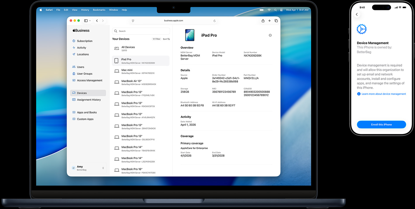 MacBook and iPhone, MacBook screen shows Apple Business Essentials, iPhone screen shows Device Management within Setup