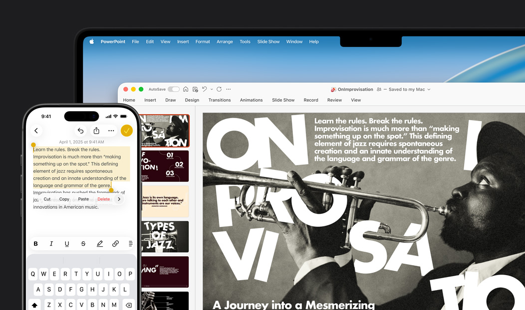 iPhone 16 Plus with text highlighted in the Notes app, MacBook Pro with a Microsoft PowerPoint slide open, text from Notes app is visible on the slide