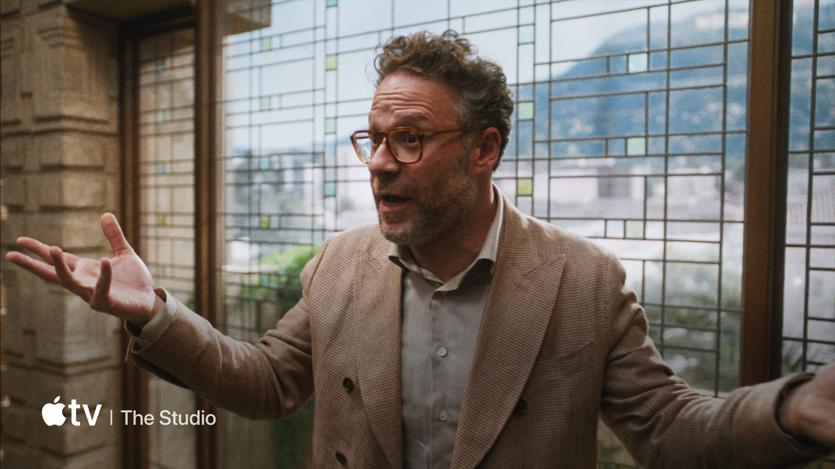 A flatscreen television showing a static image of "The Studio" available on Apple TV+