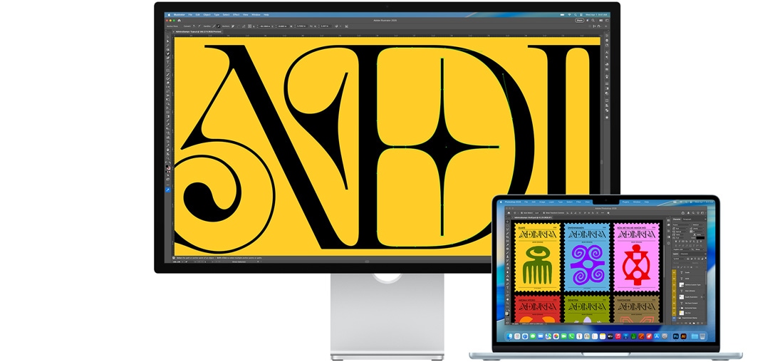 Monitor Studio Display i laptop Mac, na ekranach których widać projekt w aplikacji Adobe Illustrator 2025. Na ekranie monitora Studio Display projekt ten przedstawiony jest z bliska