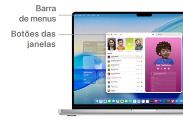 Visita guiada à navegação do macOS, como a barra de menus na parte superior do ecrã do dispositivo MacBook e Dock.
