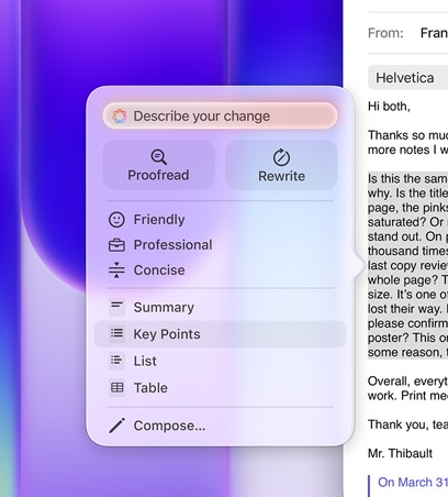 Funcția Instrumente de scris în utilizare, evidențiind un paragraf mare de text într-un e-mail, meniul Instrumente de scris arată opțiunea „Puncte principale” selectată, cu pictograma unei liste