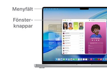 En visning av macOS-navigering, som menyfältet längst upp på MacBook-enhetens skärm och Dock.