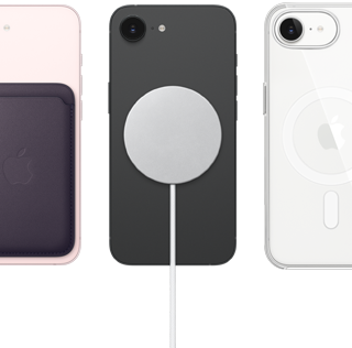 iPhone 17e, back exterior, soft pink color, FineWoven Wallet with MagSafe attached, iPhone 17e, back exterior, black color, MagSafe Charger attached, iPhone 17e, back exterior, white color, Clear Case with MagSafe attached