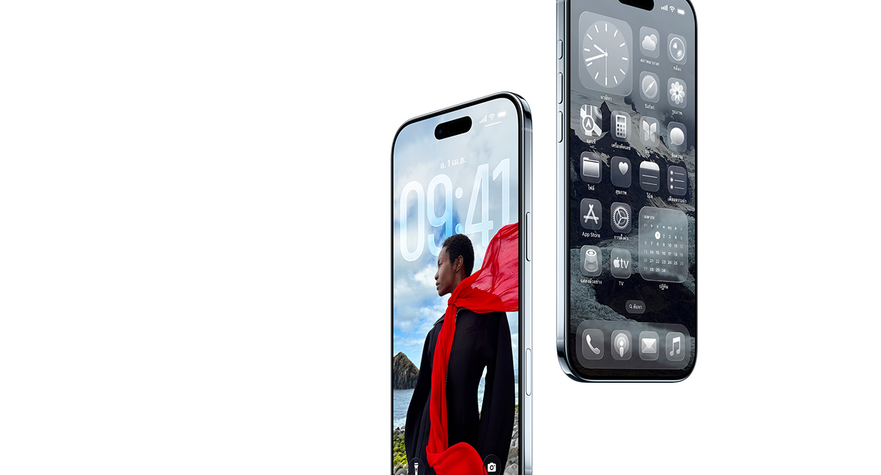 iPhone Air จำนวน 2 เครื่อง, ภายนอกด้านหน้า, ภายนอกด้านข้าง, รูปทรงที่บาง, หน้าจอล็อคแบบไดนามิก, หน้าจอโฮมที่มีแอปแบบ Liquid Glass