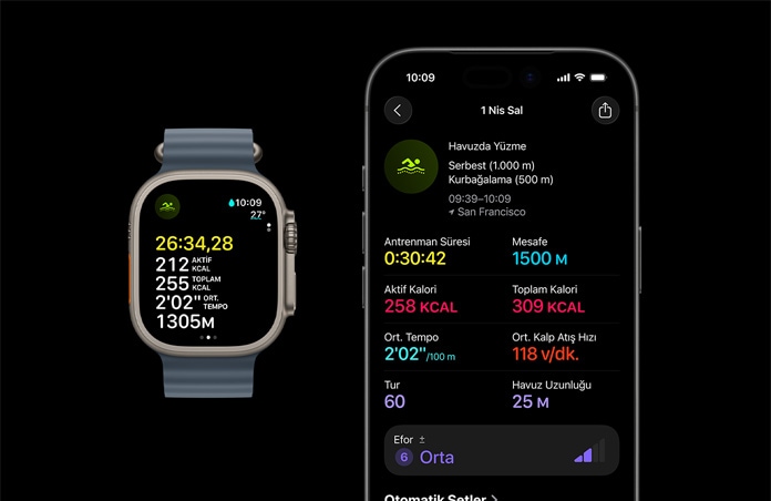 Apple Watch Ultra 3, natürel renk, titanyum kasa, Havuzda Yüzme antrenmanı ölçümleri, detaylı analiz saatle eşleştirilmiş iPhone’da